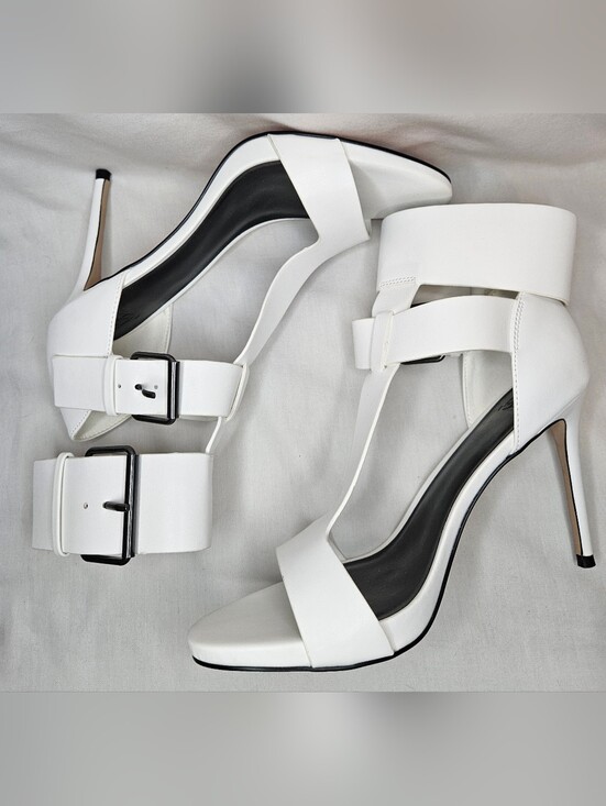 AAJ by Aminah White Zahara Double Buckle T-Strap Stiletto Sandal Heels Size 9